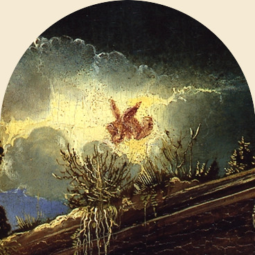 Zwei eigenartige Lichterscheinungen im Himmel, darunter der Stern von Bethlehem und irisierendes Licht, symbolisieren das Übernatürliche.