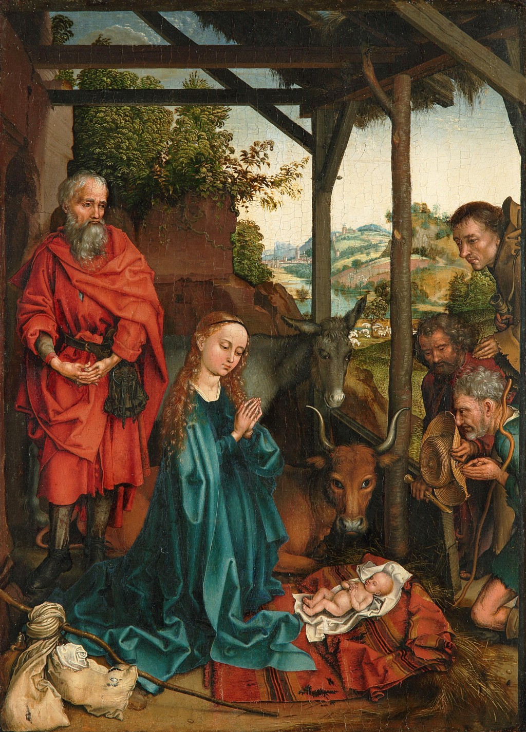 Auf dem Bild sieht man von links nach rechts Josef, Maria, den Esel, den Ochsen, das Christkind und drei Hirten. Sie sind versammelt unter einem Stall, der keine Au&szlig;enw&auml;nde hat, lediglich ein Dach, das auf h&ouml;lzernen St&uuml;tzen ruht. Im Hintergrund ist eine fein gemalte Landschaft zu sehen, fruchtbar gr&uuml;n und durchzogen von einem blauen Fluss. Dort weiden Schafe, auf einem H&uuml;gel ist eine Siedlung zu sehen. Doch den meisten Raum nimmt die Szene im Vordergrund ein. In der Bildmitte unten liegt auf einem rotgrundigen, von orangenen und schwarzen Streifen durchzogenen Teppich das Jesuskind. Eine Windel sch&uuml;tzt es vor dem rauen und abgenutzten Gewebe des Teppichs, es ruht mit geschlossenen Augen ganz in sich. Direkt &uuml;ber dem Jesuskind lagert ein Ochse. Er blickt die Betrachter des Bildes direkt an. Seine H&ouml;rner sind pr&auml;chtig, sein Fell ist &uuml;ppig, feucht sieht sein Maul aus, und sein direkter Blick ist von gro&szlig;er Sanftheit. Hinter dem Ochsen steht ein Esel, der weniger prominent dargestellt ist. Seinen Blick h&auml;lt er gesenkt.
Links des Ochsen und des Esels kniet Maria mit gesenktem Blick und gefalteten H&auml;nden ruht sie, geh&uuml;llt in einen blauen Mantel und mit lockigem und langem Haar vor dem Jesuskind. Links neben ihr steht Josef in rotem Gewand. Er tr&auml;gt einen langen Bart und h&auml;lt die H&auml;nde ebenfalls gefaltet. Zu F&uuml;&szlig;en von Maria und Josef sieht man das Reiseb&uuml;ndel des Paares: Um einen langen Stock hat man zwei zerschlissene T&uuml;cher gewickelt, in denen sich die Habseligkeiten der Reisenden befinden.
Zur rechten Seite des Jesuskindes sieht man drei Hirten. Sie sehen aus wie &uuml;bereinander get&uuml;rmt, dr&auml;ngen sich um das Christuskind, &auml;hneln in diesem Bild, was die Anordnung betrifft, beinahe der Anordnung, in der die Heiligen Drei K&ouml;nige auf vielen Weihnachtsbildern dargestellt sind. Ein alter Hirte kniet vor dem Christuskind, &uuml;ber ihm ist ein etwas j&uuml;ngerer gemalt, ganz oben der j&uuml;ngste. Ihre Gew&auml;nder sind zerschlissen, man sieht nicht viel von ihnen, doch sie wirken in ihrer dicht gedr&auml;ngten Anordnung, in der die sich Christus zuwenden, sehr pr&auml;sent.