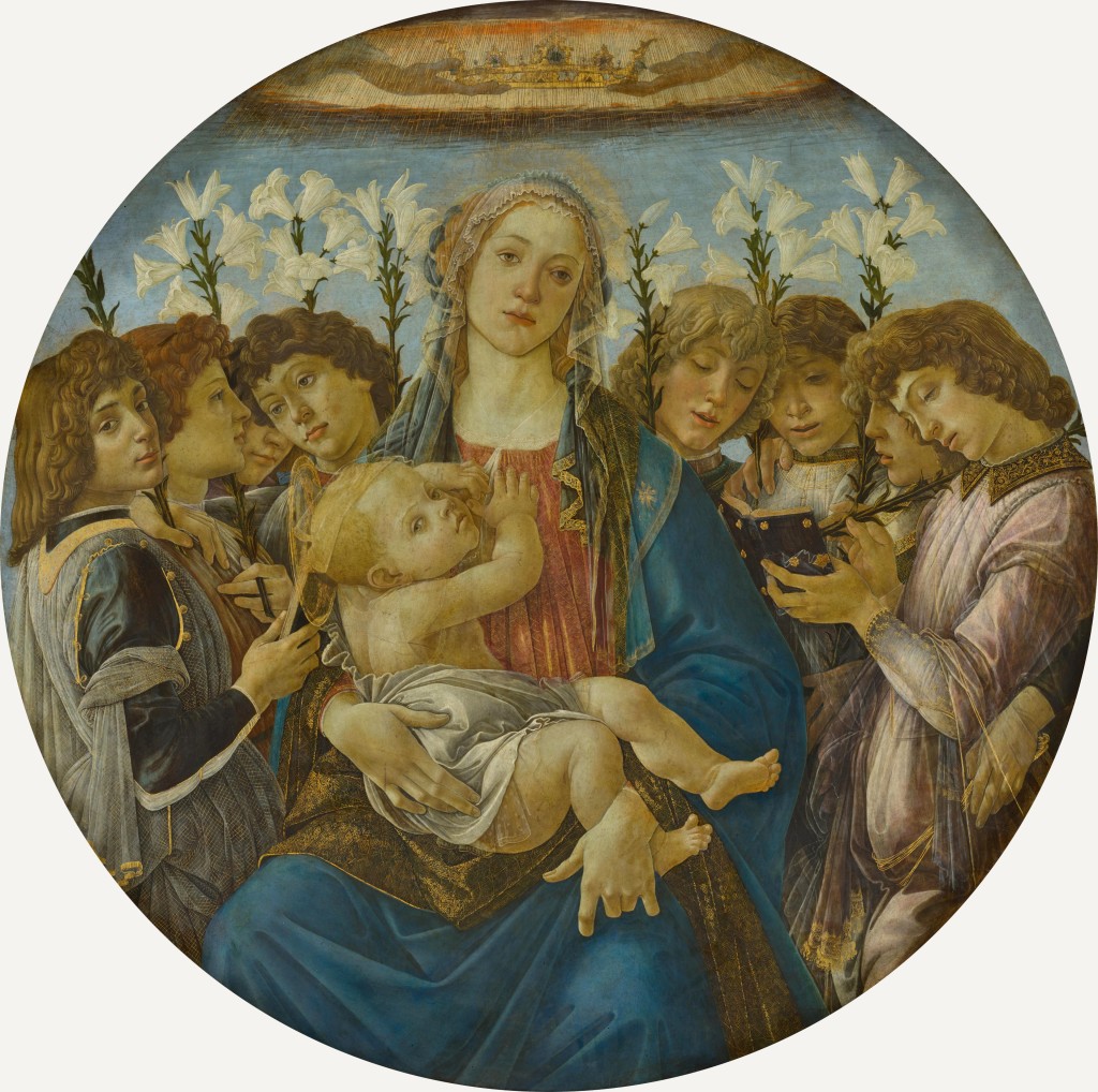 Auf dem Bild, das auf einer runden Fl&auml;che gemalt ist, sitzt Maria in der Mitte. Sie tr&auml;gt einen blauen Mantel, ein rotes Gewand und hat &uuml;ber ihr gelocktes Haar einen transparenten Schleier gebreitet. Ihr Kopf ist leicht geneigt, ihr Blick richtet sich zwar in Richtung der Betrachter, geht aber durch sie hindurch. 
Auf Marias Scho&szlig; sitzt, den Scho&szlig; in eine Windel gewickelt, das Christuskind. Den Blick hat es direkt in Richtung des Betrachters gewendet, beide H&auml;nde umfassen Marias rechte Brust. Wenn man genau hinsieht, kann man erkennen, dass aus dieser Brust, fein wie ein Spr&uuml;hregen, goldene Milch flie&szlig;t. &Uuml;ber Marias Kopf tut sich der Himmel auf Zwei H&auml;nde halten eine Krone, als wollten sie die Mutter Gottes kr&ouml;nen. 
Rechts und links von Maria und dem Christuskind sind jeweils vier Engel zu sehen. Sie alle sind kostbar gekleidet, im Stil fiorentinischer Renaissanceb&uuml;rgers. Sie alle halten einen Lilienstengel mit mehreren offenen wei&szlig;en Lilienbl&uuml;ten in der Hand. Die Engel auf der linken Bildseite haben den Mund geschlossen, die Engel auf der rechten Seite richten ihren Blick in ein blau gebundenes B&uuml;chlein, ein Notenb&uuml;chlein. Sie singen, was man an ihren ge&ouml;ffneten M&uuml;ndern und ihrem konzentrierten Gesichtsausdruck gut erkennen kann.